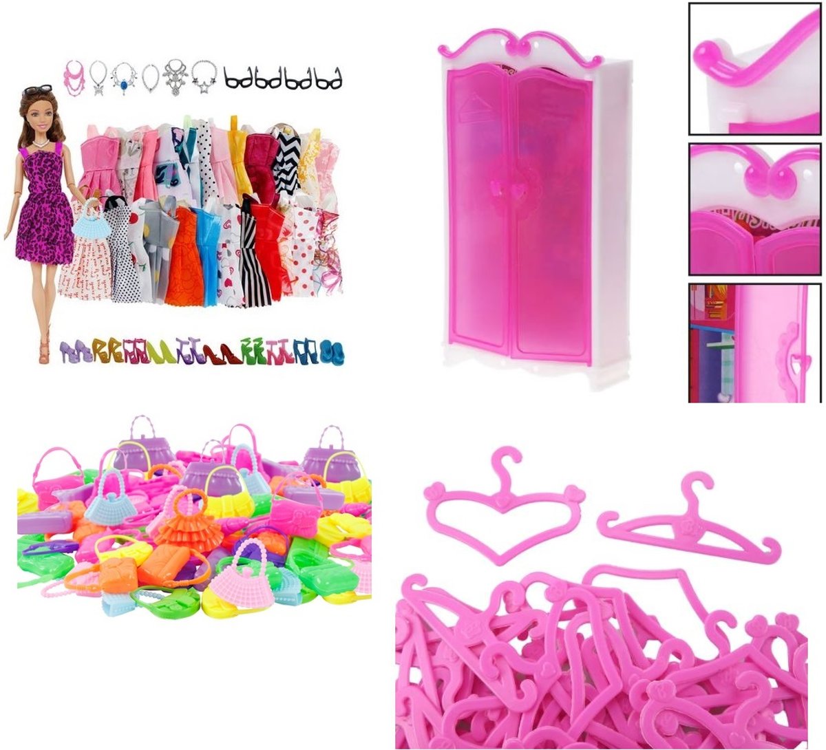 Voor de Pop | De Roze Gardarobe set | 30 delige kledingset | Poppenkledingkast | Kledinghangers | Poppenkleren | Poppenaccessoires